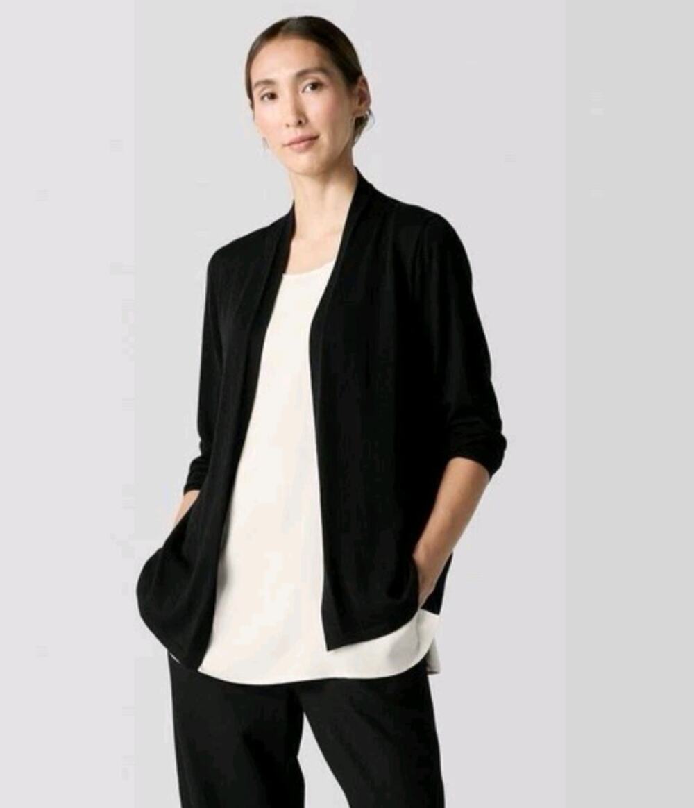 Eileen Fisher 100% Wool Open Front Cardigan Sz M Italian Yarn Lightweight